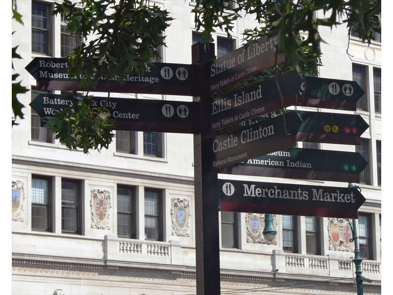 Signs to the tourist sites in lower Manhattan
